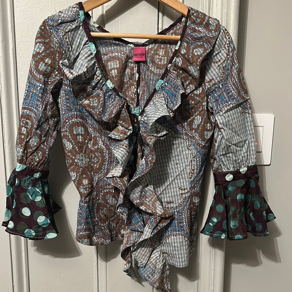 Save The Queen Ruffled Patchwork Blouse in Brown, Blue & Teal